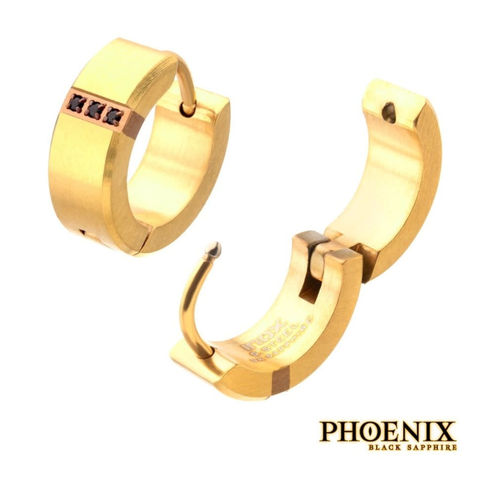 Inox 18Kt Gold IP Steel Matte Finish Huggie Earrings with Genuine Black Sapphire