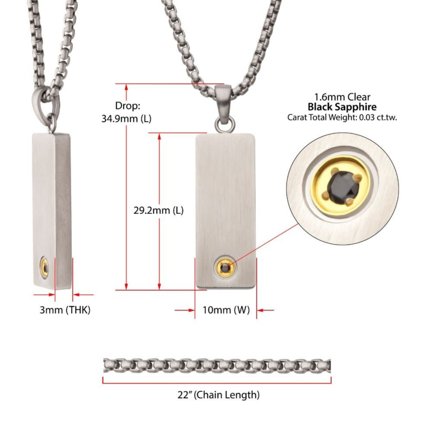 Inox 1.6mm Black Sapphire Gem on Matte Finish Steel Engravable Compact Dog Tag Vulcan Pendant