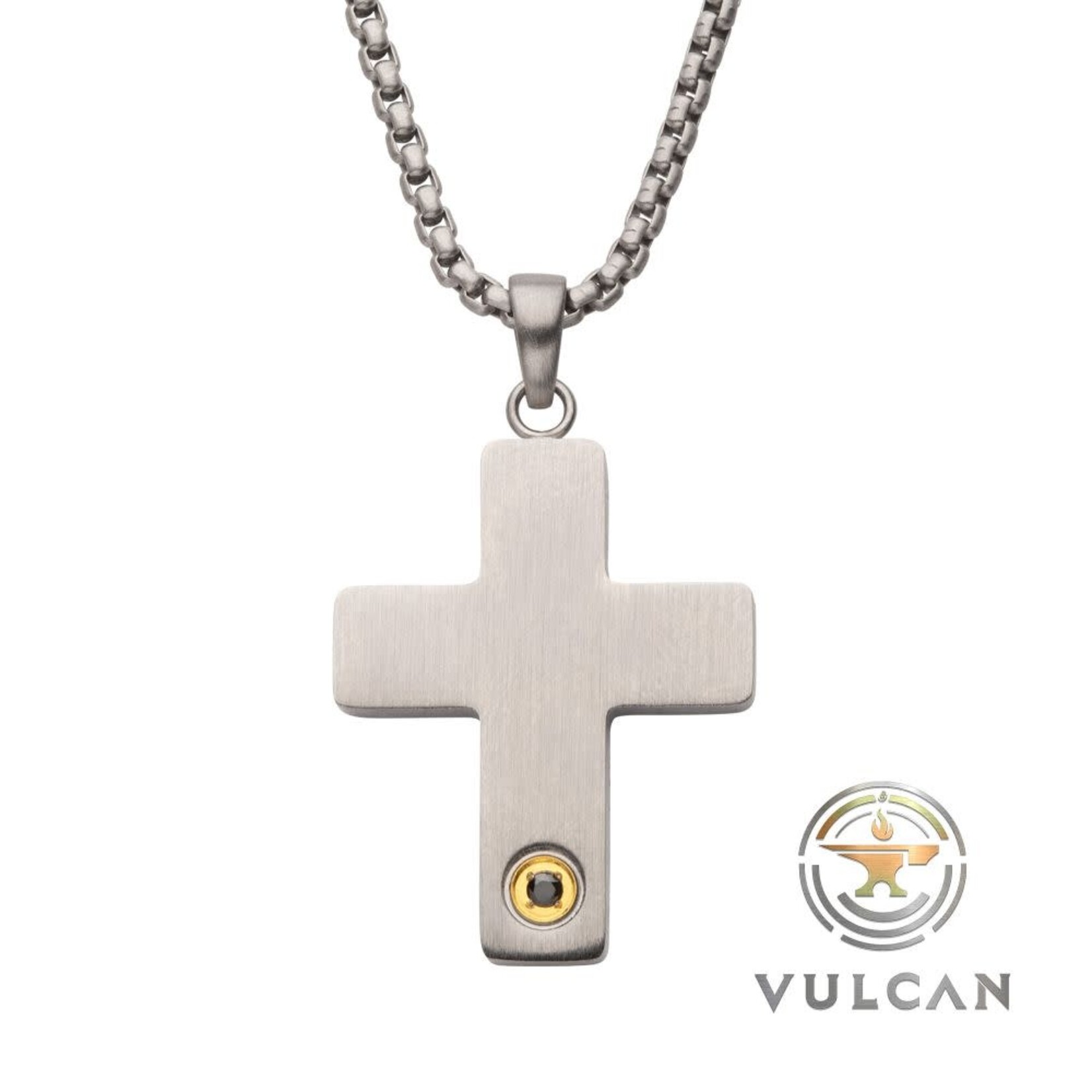 Inox 1.6mm Genuine Black Sapphire Gem on Matte Finish Steel Engravable Compact Cross Vulcan Pendant
