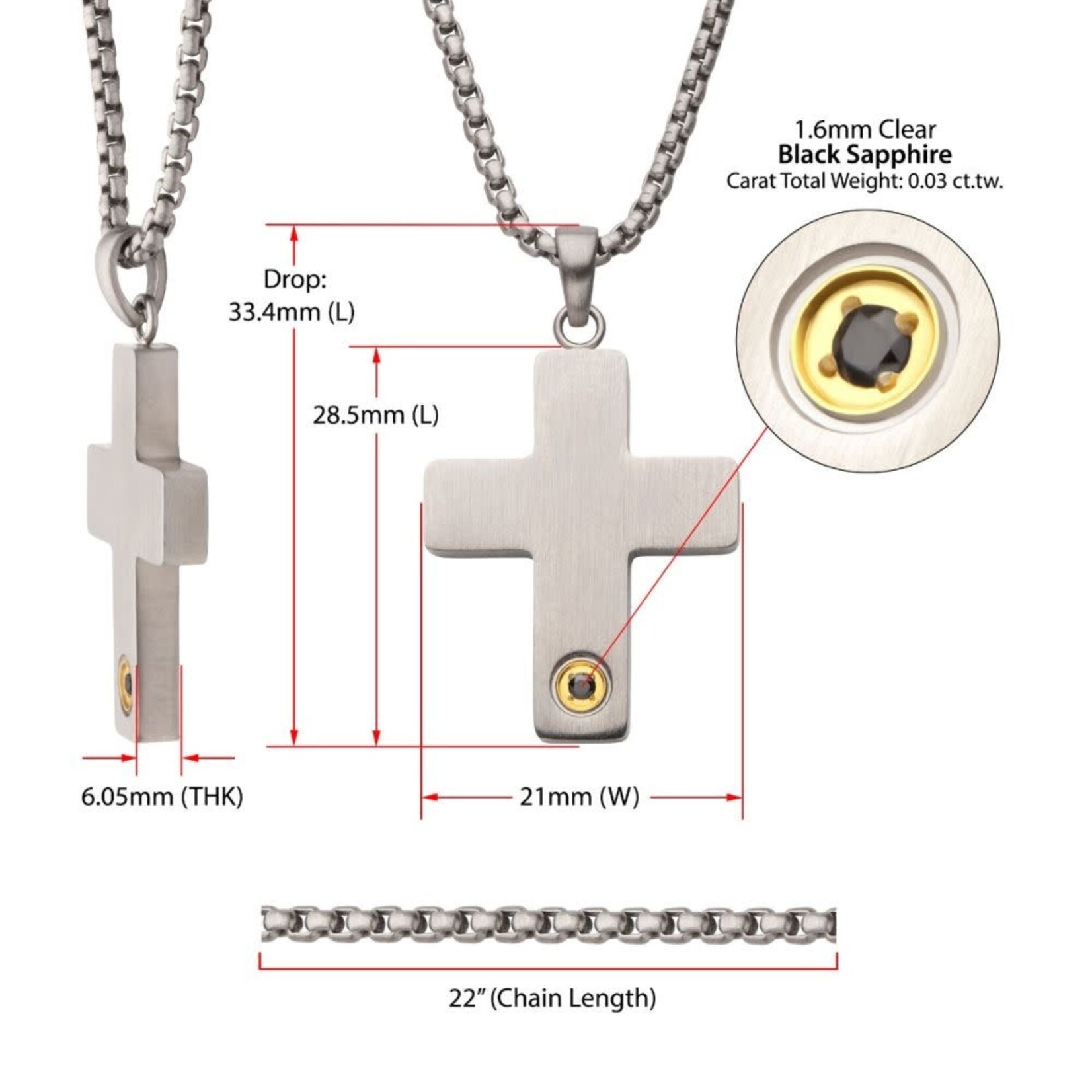 Inox 1.6mm Genuine Black Sapphire Gem on Matte Finish Steel Engravable Compact Cross Vulcan Pendant