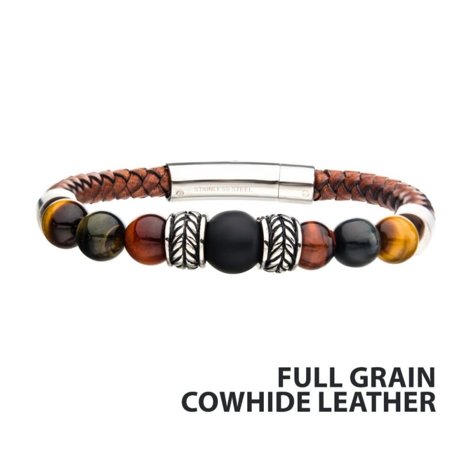 Inox Brown Genuine Full Grain Cowhide Leather with Steel,Tiger Eye & Black Onyx Bead Bracelet