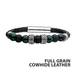 Inox Black Genuine Full Grain Cowhide Leather with Steel & Tiger Eye Beads Hybrid Blue Malachite Bracelet