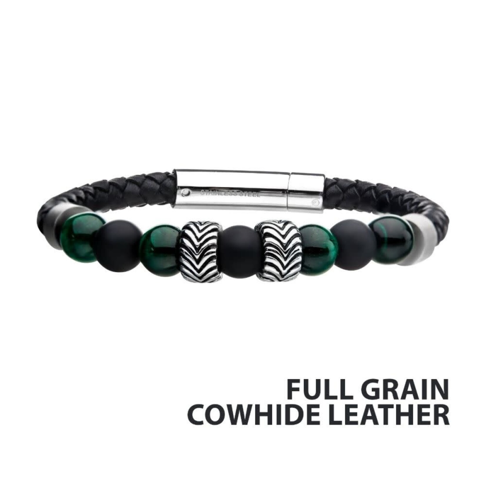 Inox Black Genuine Full Grain Cowhide Leather with Steel & Tiger Eye Beads Hybrid Blue Malachite Bracelet