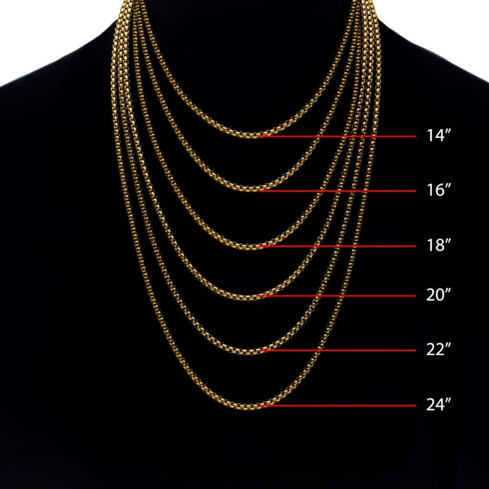 Inox 3mm 18Kt Gold IP Titanium Box Chain Necklace 16"