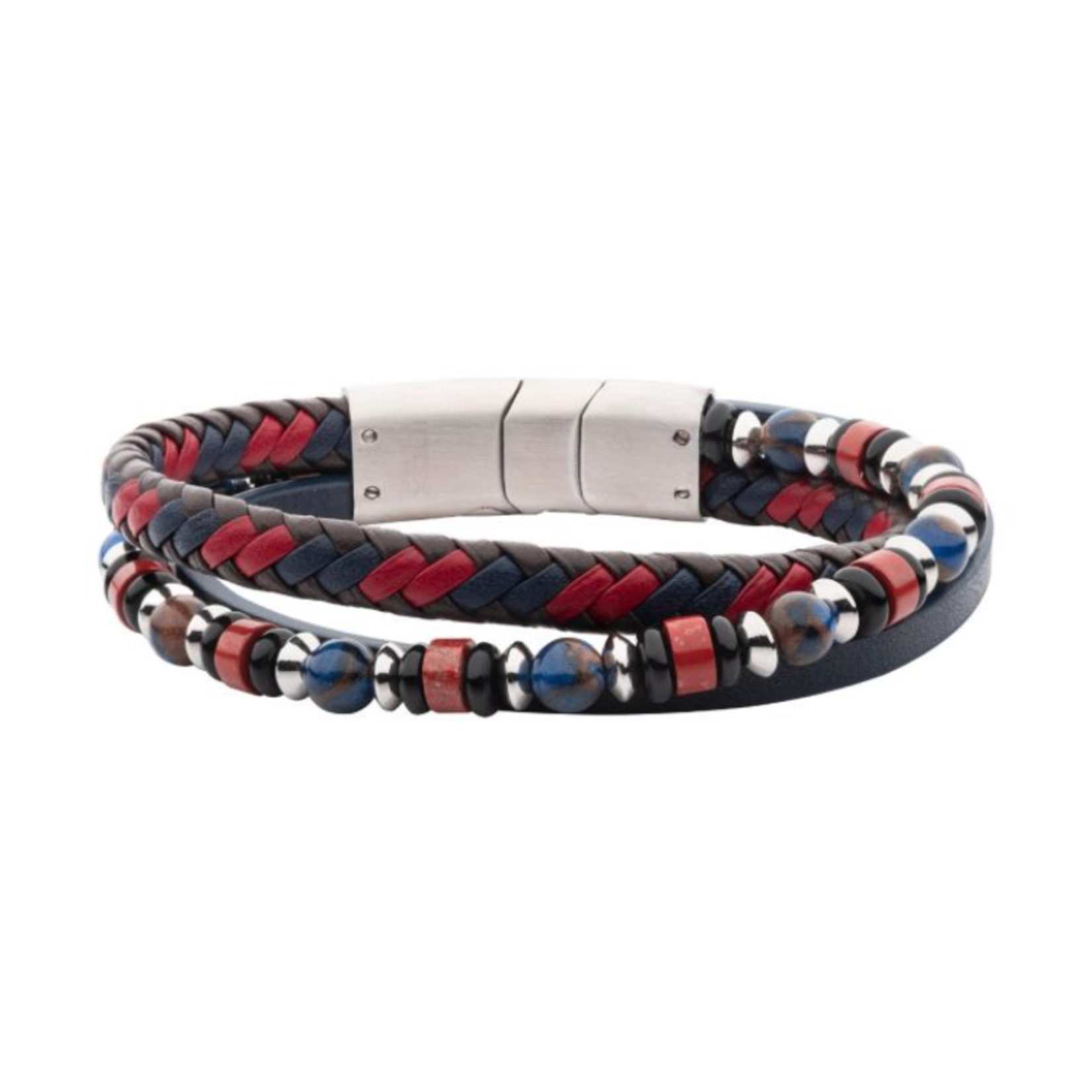 Inox Cowhide Leather with Black Onyx, Blue Golden & Red Agate Multi-Strand Bracelet