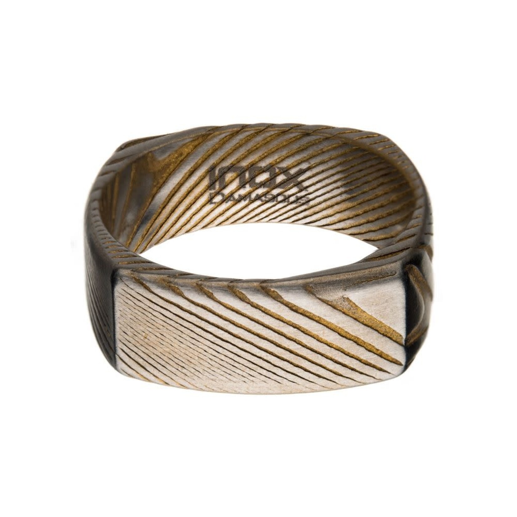 Inox Matte Finish Gold IP Damascus Steel Square Edge Ring