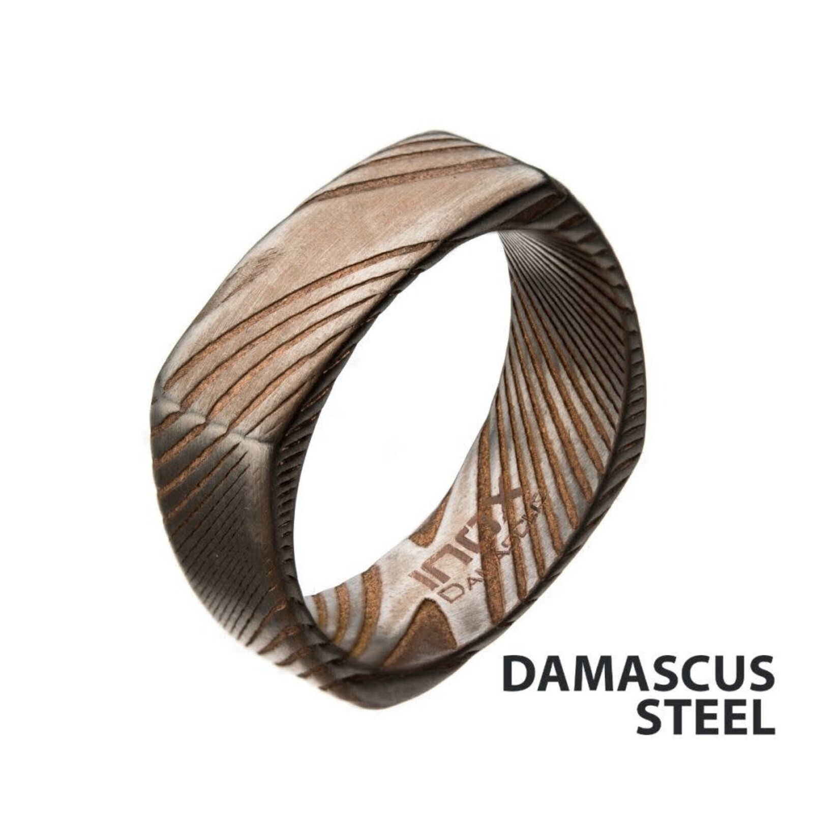 Inox 8mm Matte Finish Rose Gold IP Damascus Steel Square Edge Ring