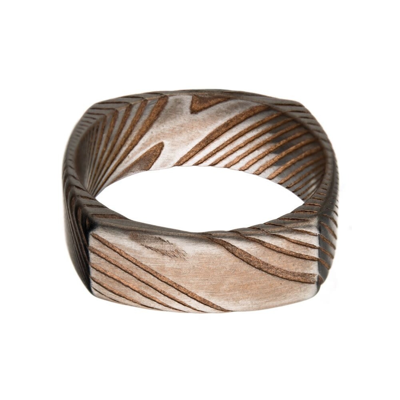 Inox 8mm Matte Finish Rose Gold IP Damascus Steel Square Edge Ring
