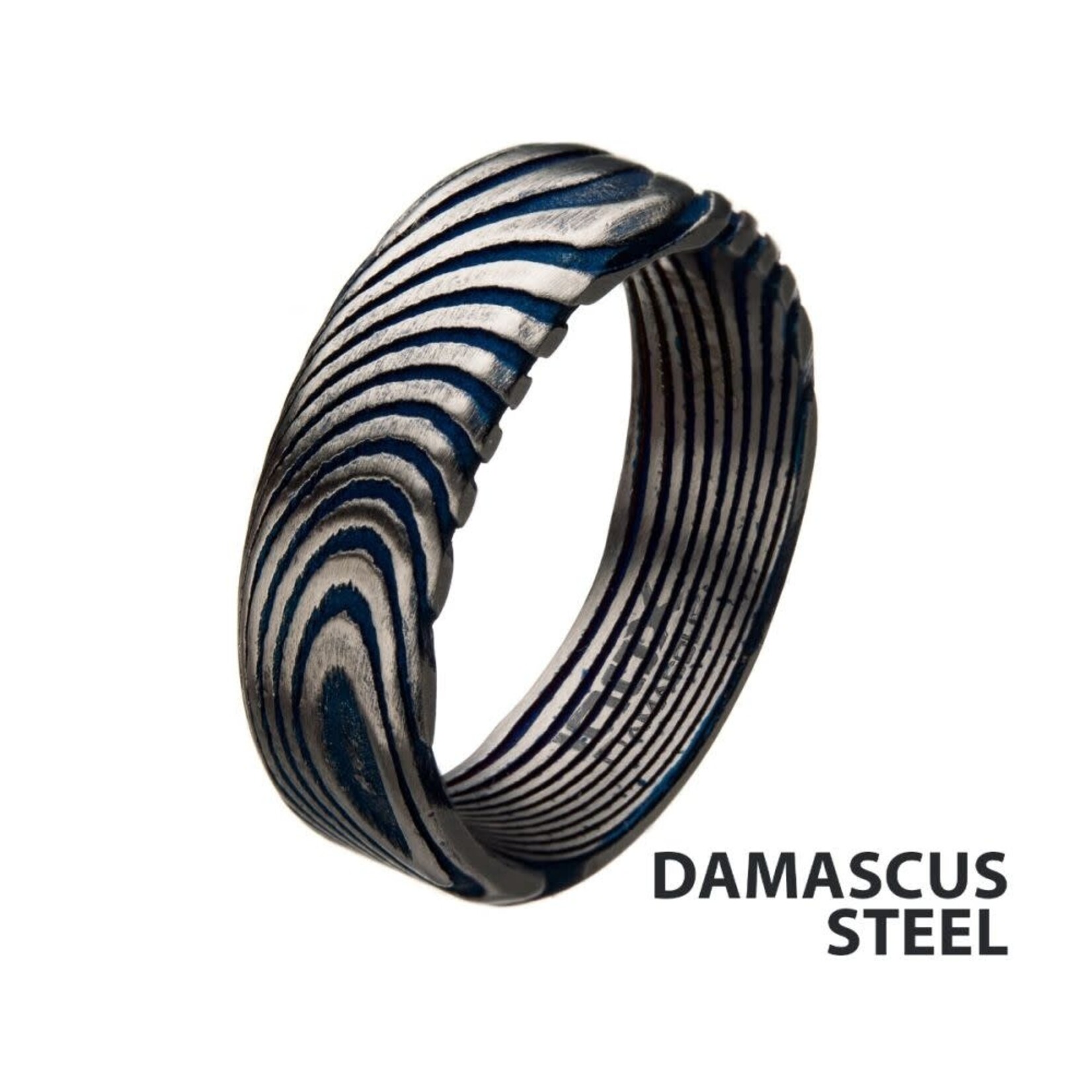 Inox 7mm Matte Finish Blue IP Damascus Steel Band Ring