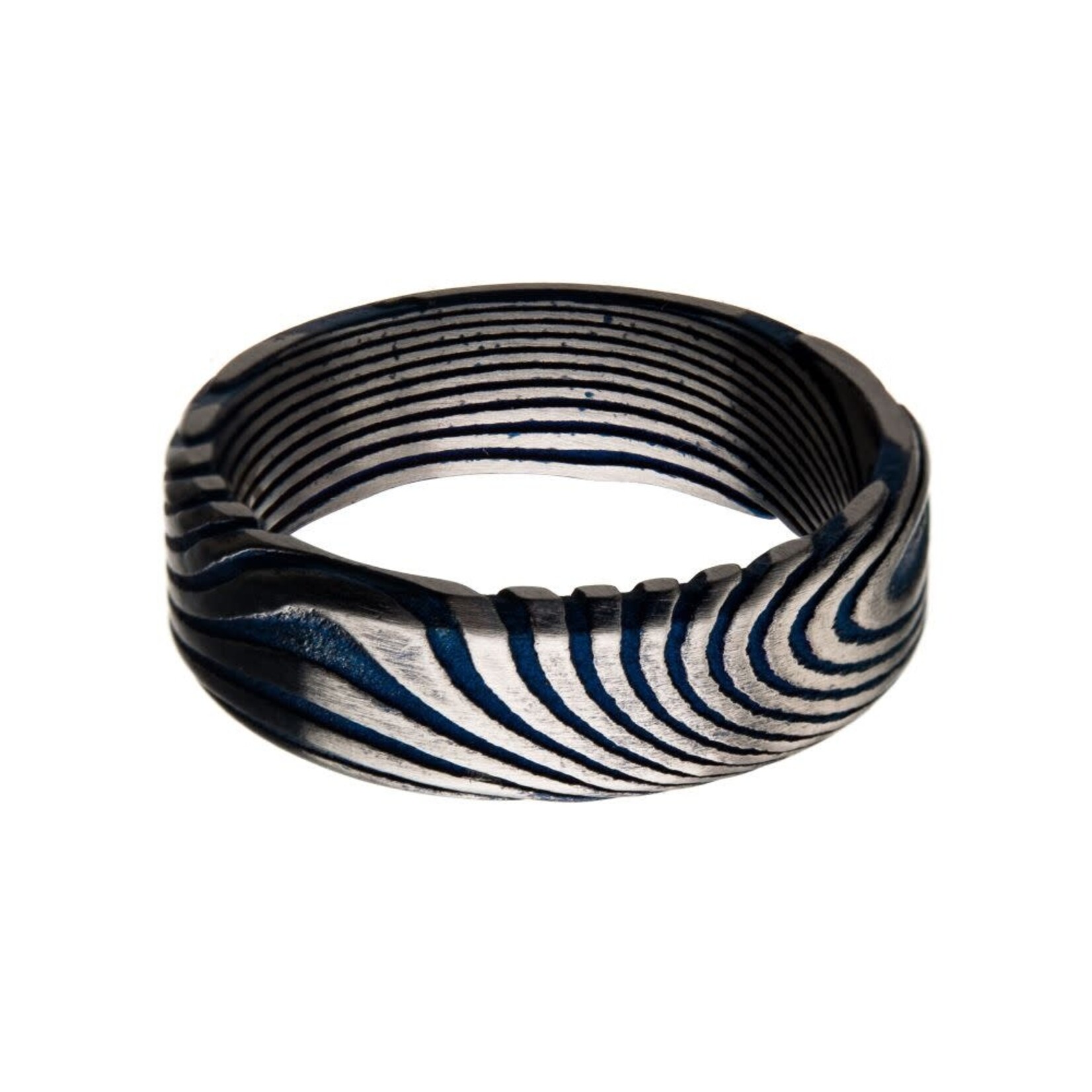 Inox 7mm Matte Finish Blue IP Damascus Steel Band Ring
