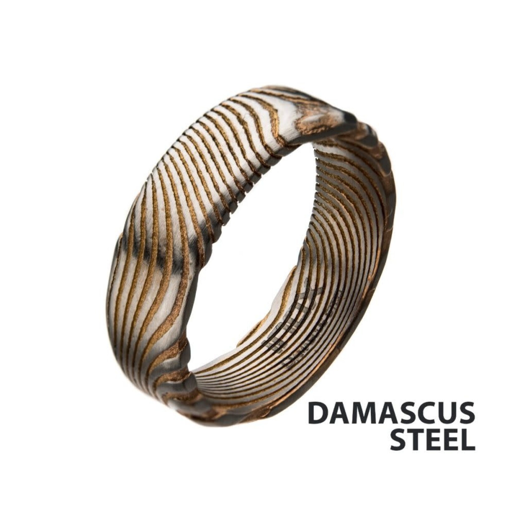 Inox 7mm Matte Finish Rose Gold IP Damascus Steel Band Ring