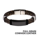 Inox Brown Braided Full Grain Cowhide Leather Steel Clasp Bracelet 8.5"
