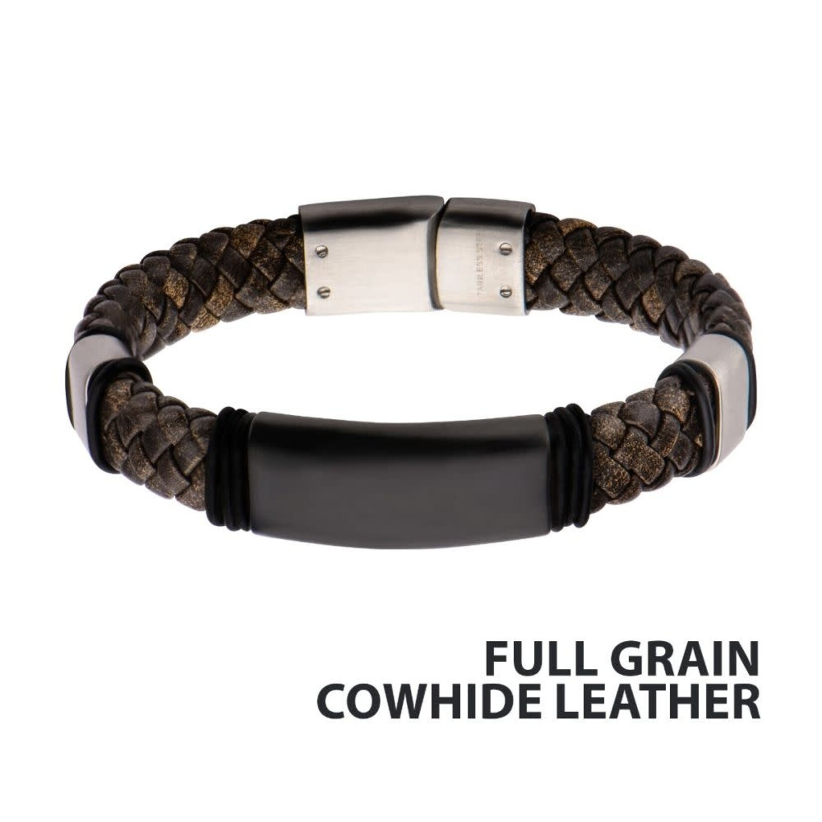 Inox Brown Braided Full Grain Cowhide Leather Steel Clasp Bracelet 8.5"