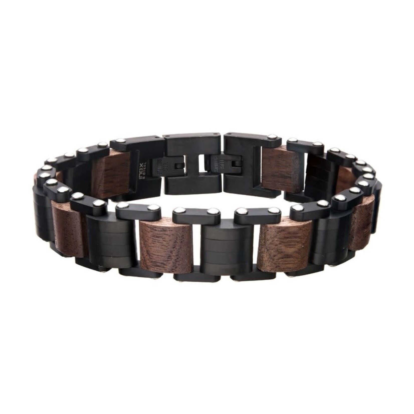 Inox Stainless Steel with Walnut Wood Link Bracelet 7.75"-8.25"