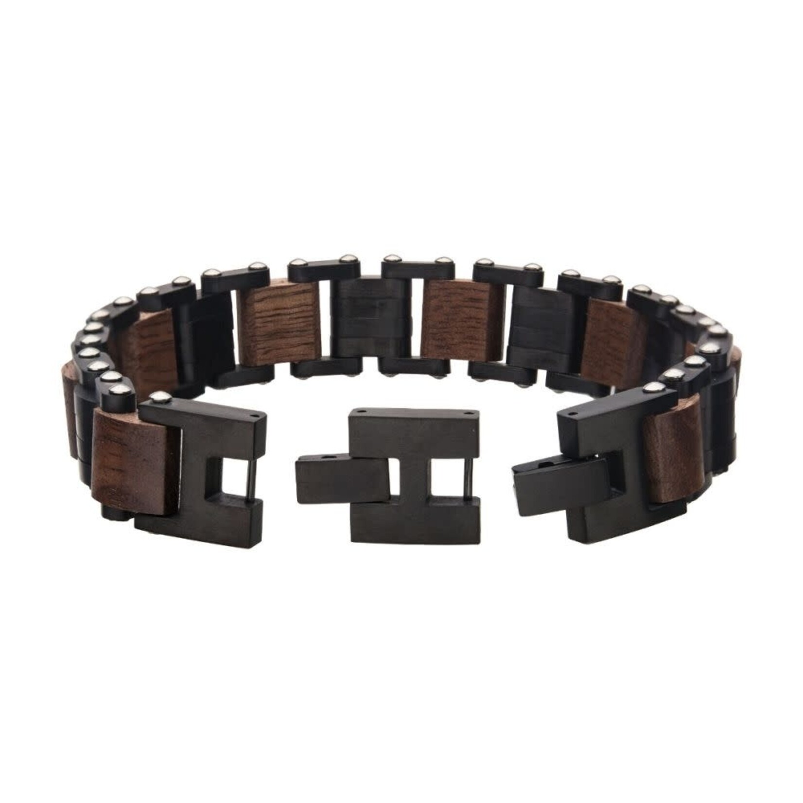 Inox Stainless Steel with Walnut Wood Link Bracelet 7.75"-8.25"