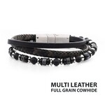 Inox Black & Grey Full Grain Cowhide Leather with Black Onyx & White Howlite Stone Bead Multi-Strand Bracelet 8"-8.5"