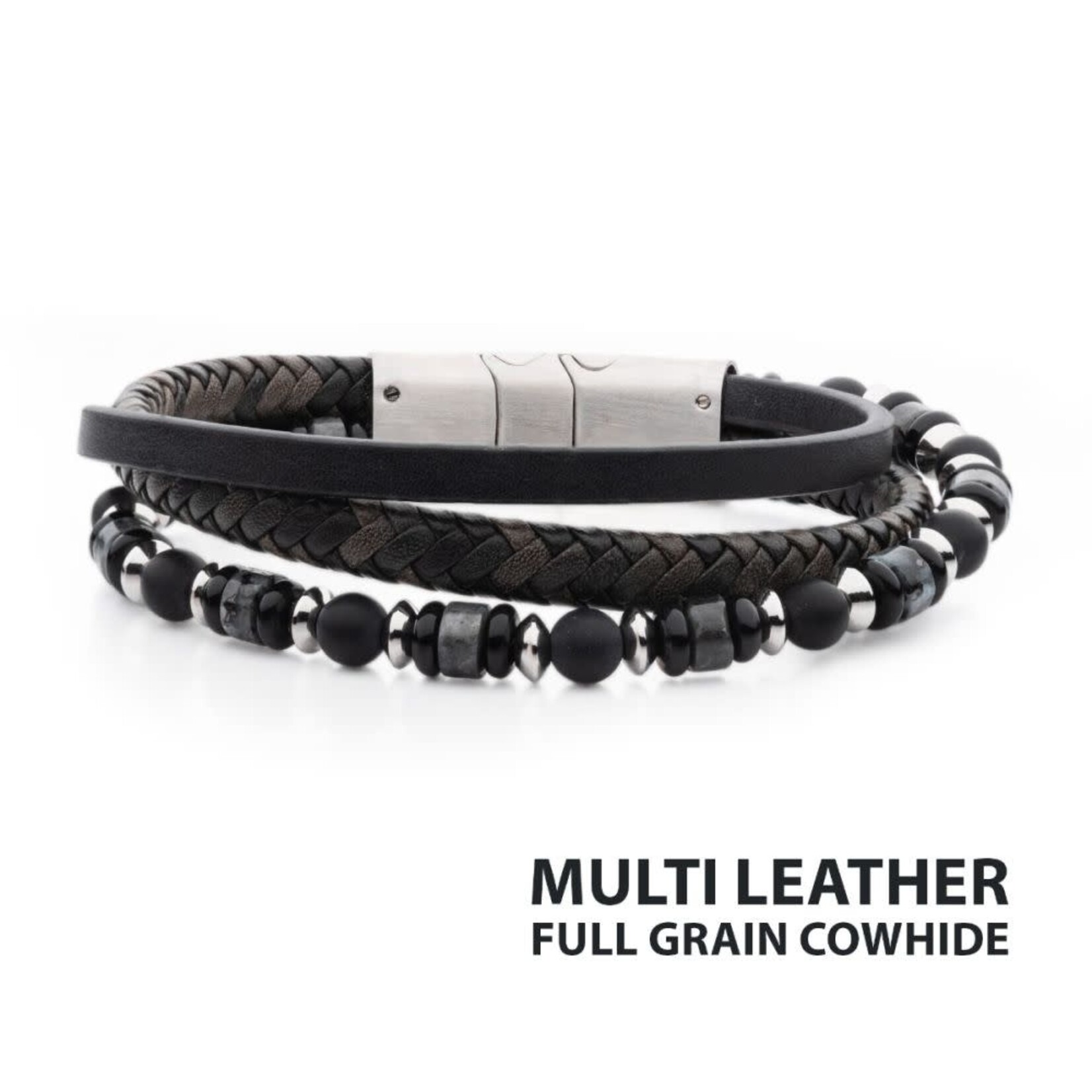 Inox Black & Grey Full Grain Cowhide Leather with Black Onyx & White Howlite Stone Bead Multi-Strand Bracelet 8"-8.5"