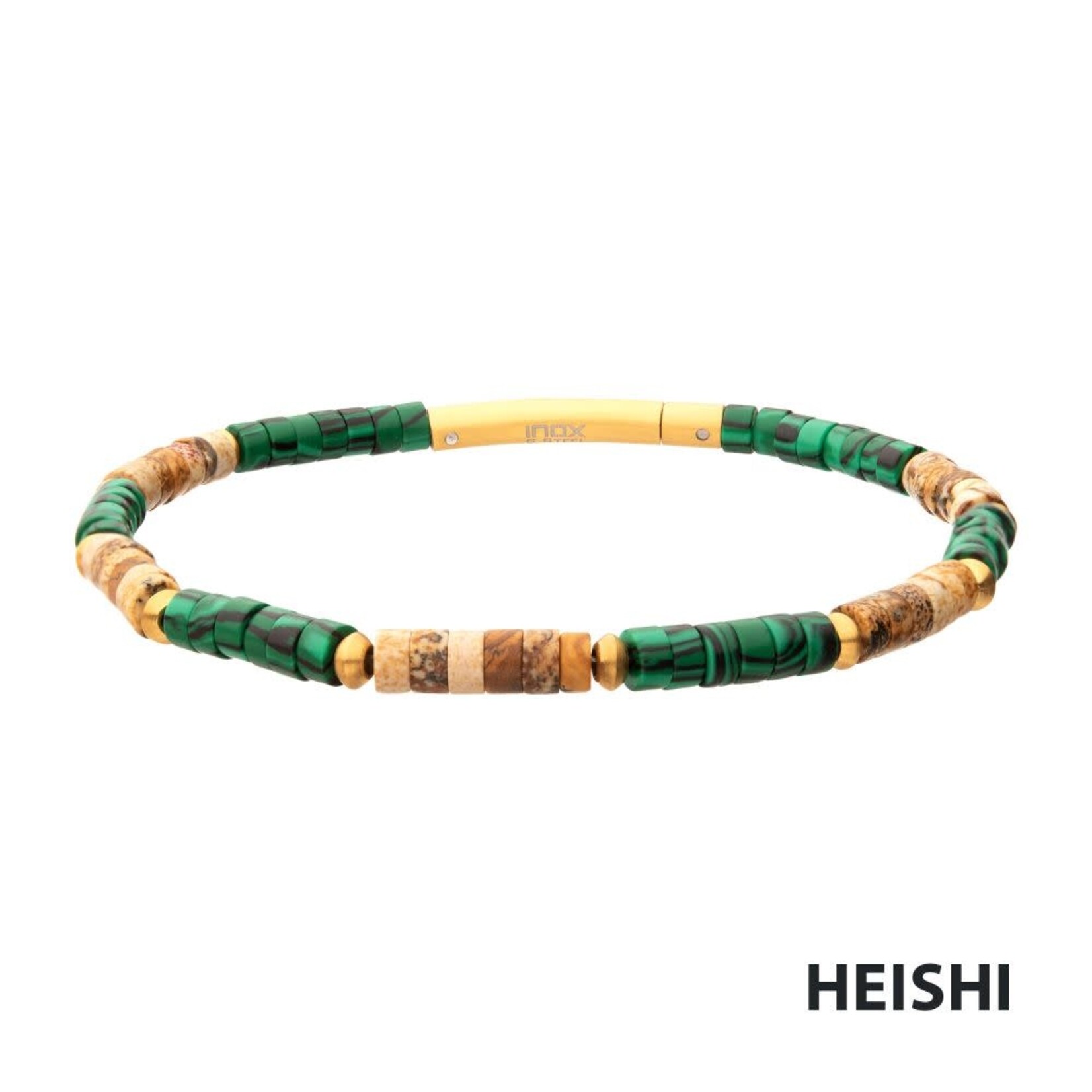 Inox TerraFirm (Brown Jasper / Malachite) Heishi Bead Bracelet 7.75"