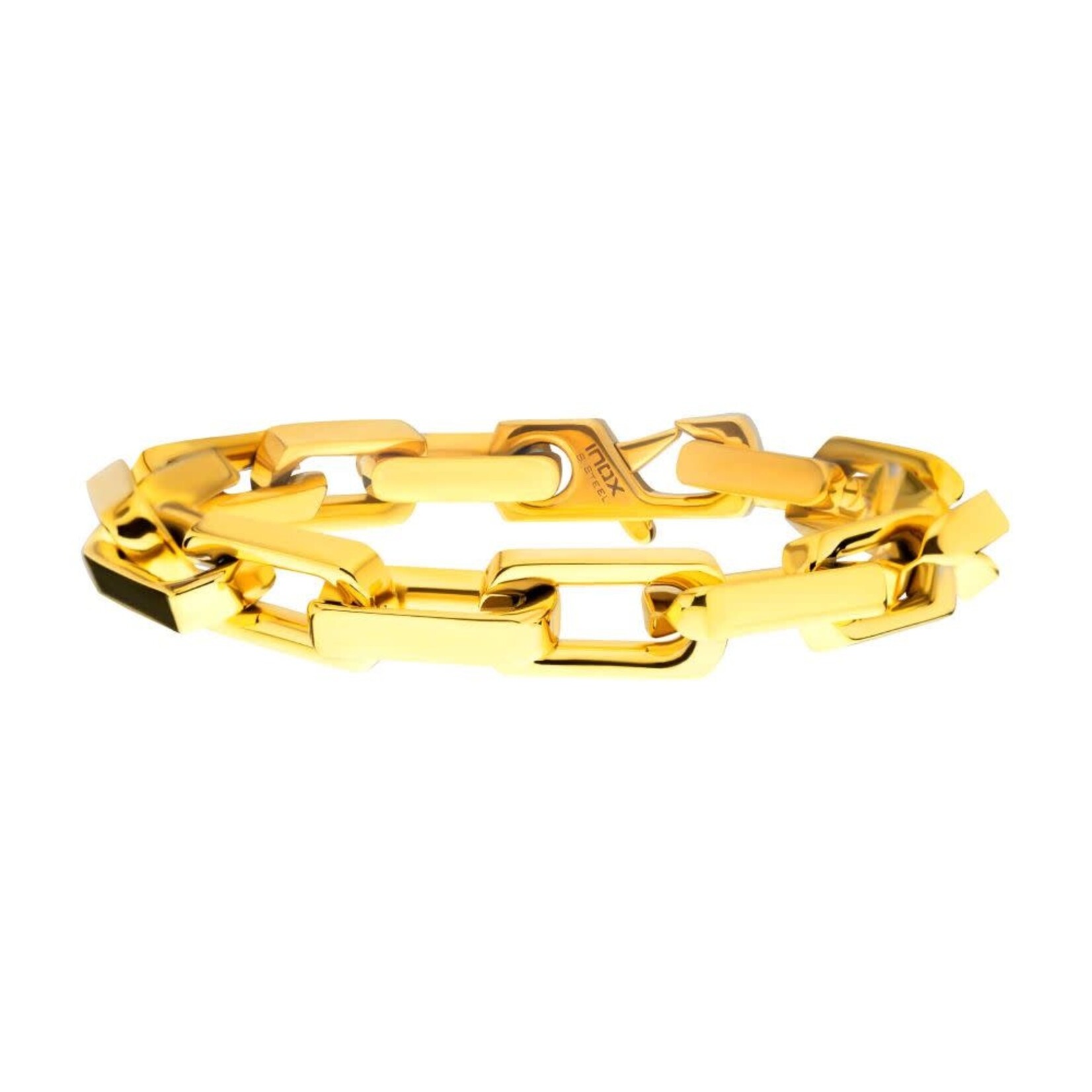 Inox 10mm High Polished Finish 18Kt Gold IP Heavy Flat Square Link Bracelet 9"