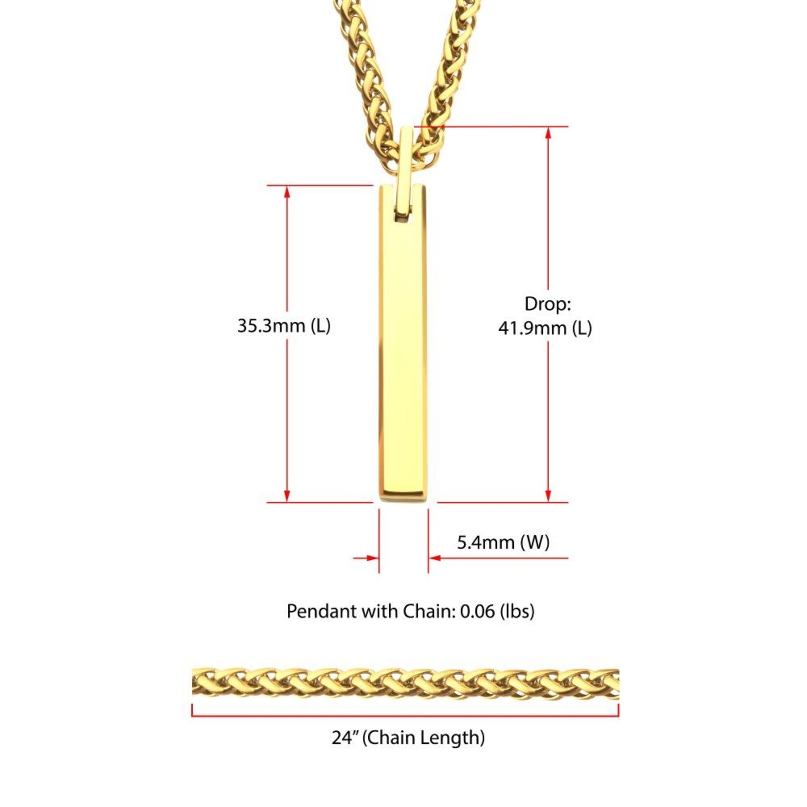Inox 18Kt Gold IP Tungsten Carbide Monolith Engravable Pendant 24"