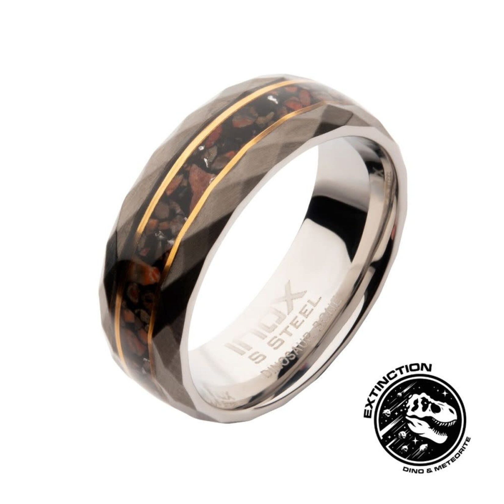 Inox Gun Metal IP Steel Matte Finish Dinosaur Bone Inlay & Thin 18K Gold IP Lines Comfort Fit Ring