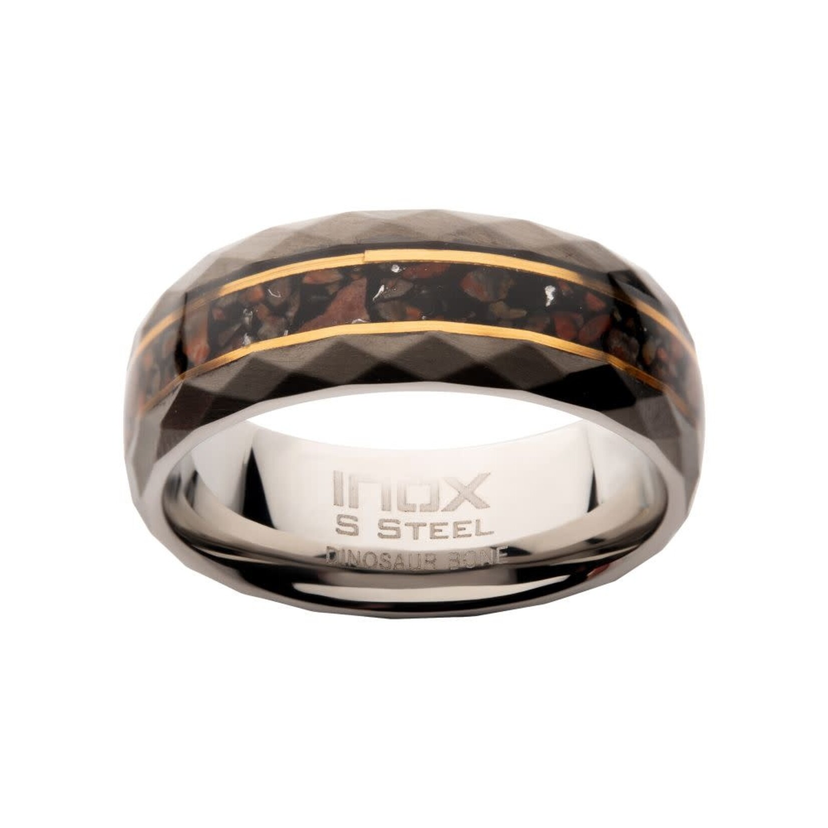 Inox Gun Metal IP Steel Matte Finish Dinosaur Bone Inlay & Thin 18K Gold IP Lines Comfort Fit Ring