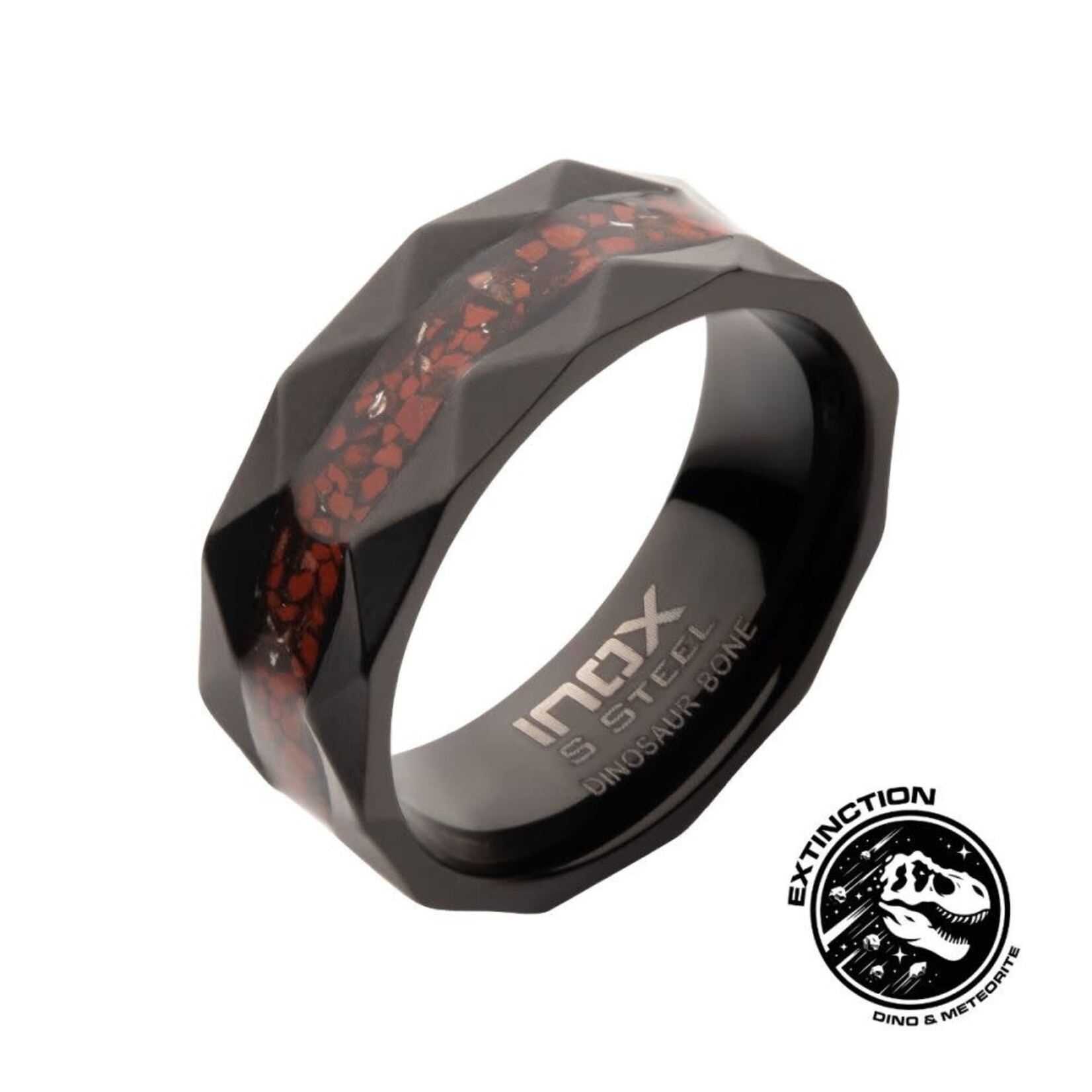 Inox Black IP Steel Red Dinosaur Bone Inlay Comfort Fit Ring