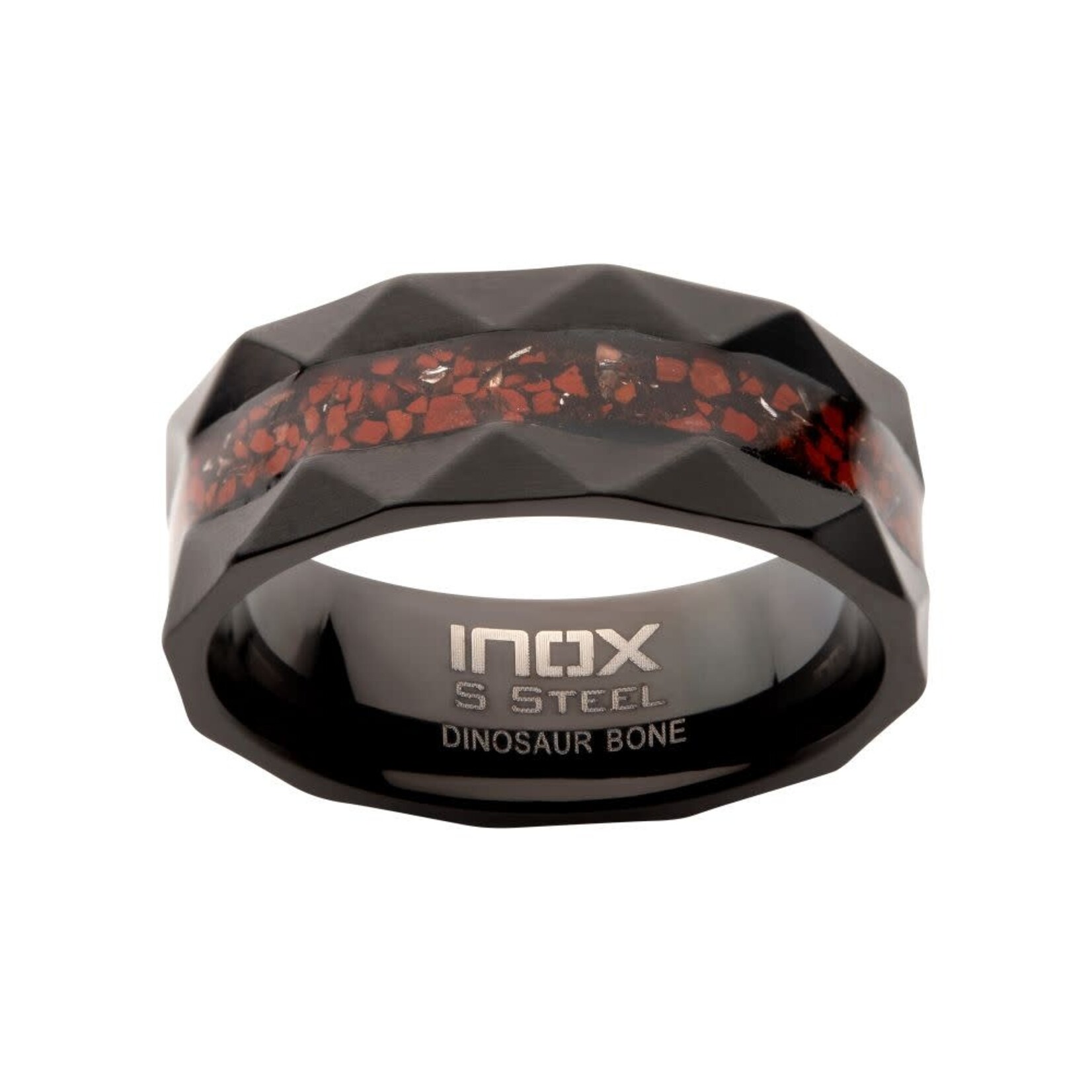 Inox Black IP Steel Red Dinosaur Bone Inlay Comfort Fit Ring