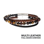Inox Tiger Eye Beads with Brown Braided & Black Full Grain Cowhide Leather Layered Bracelet 8"-8.5"
