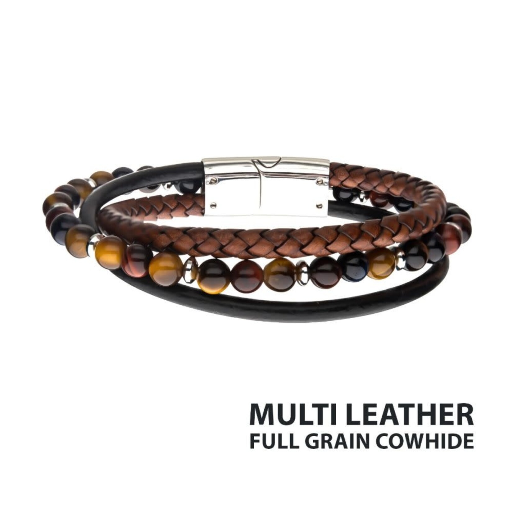 Inox Tiger Eye Beads with Brown Braided & Black Full Grain Cowhide Leather Layered Bracelet 8"-8.5"