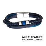 Inox Blue IP Beads with Blue Full Grain Cowhide Leather Layered Bracelet 8"-8.5"
