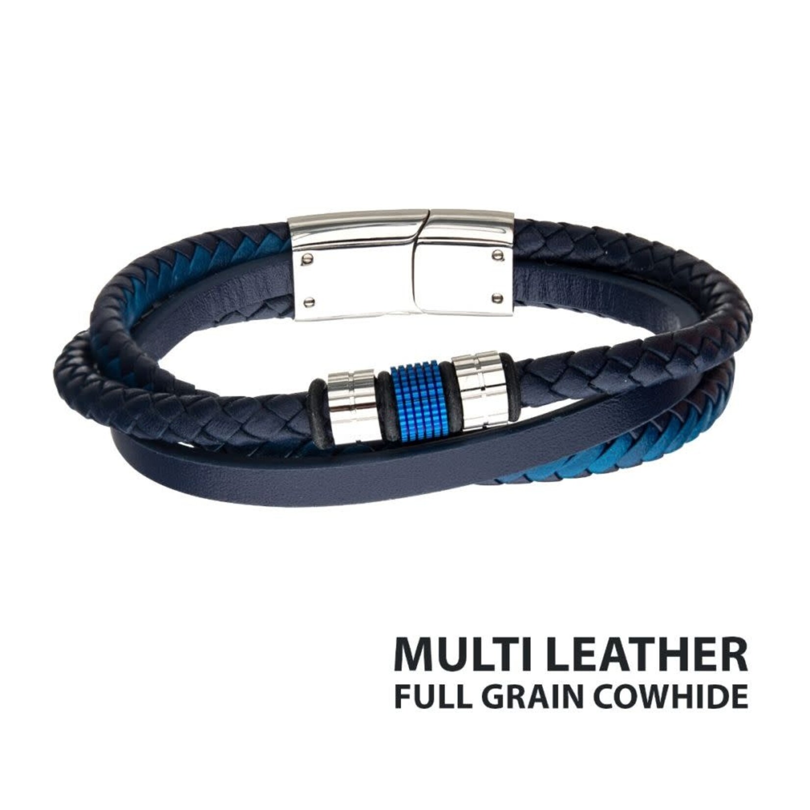 Inox Blue IP Beads with Blue Full Grain Cowhide Leather Layered Bracelet 8"-8.5"