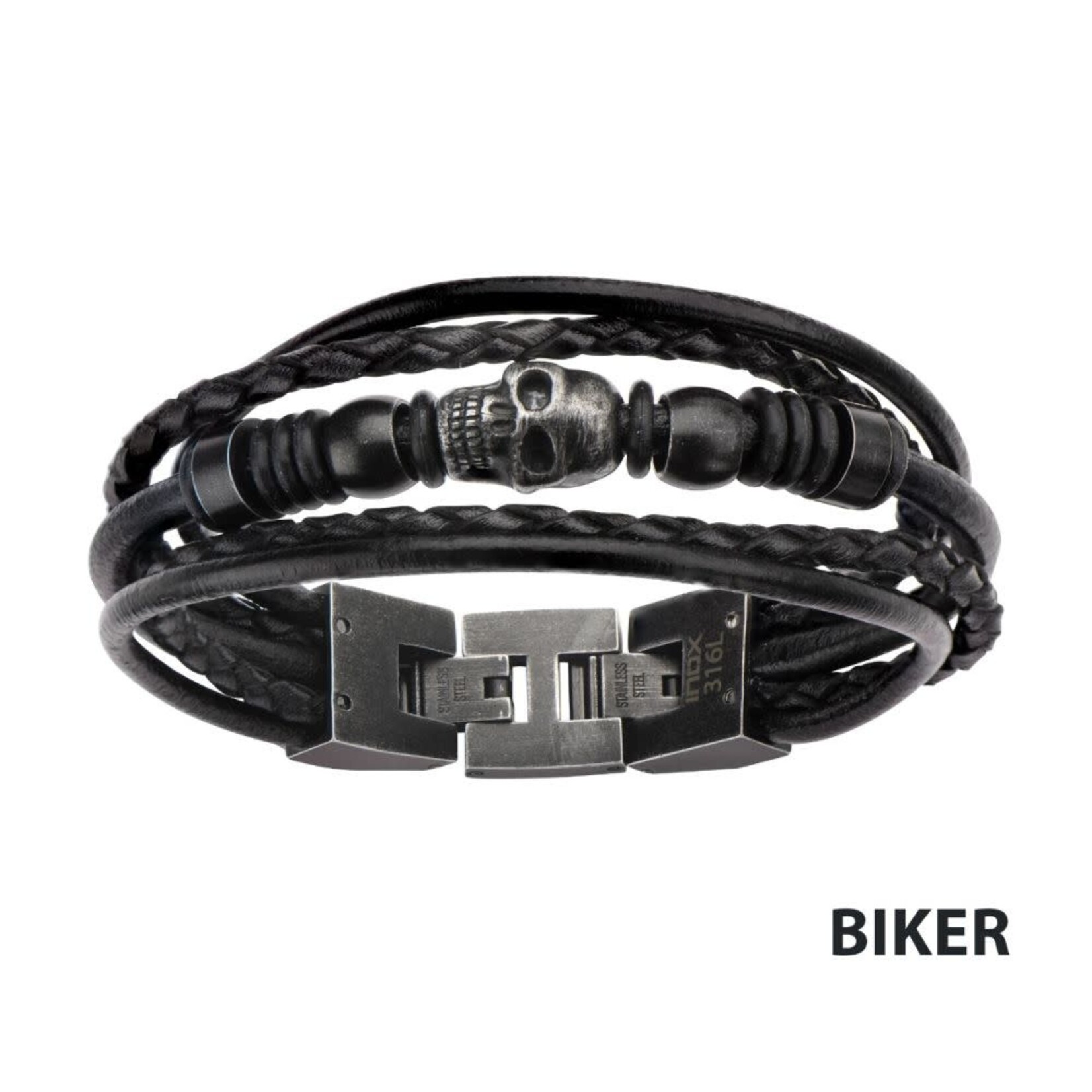 Inox Multi Black Leather & Black Skull Beads Bracelet 8.5"