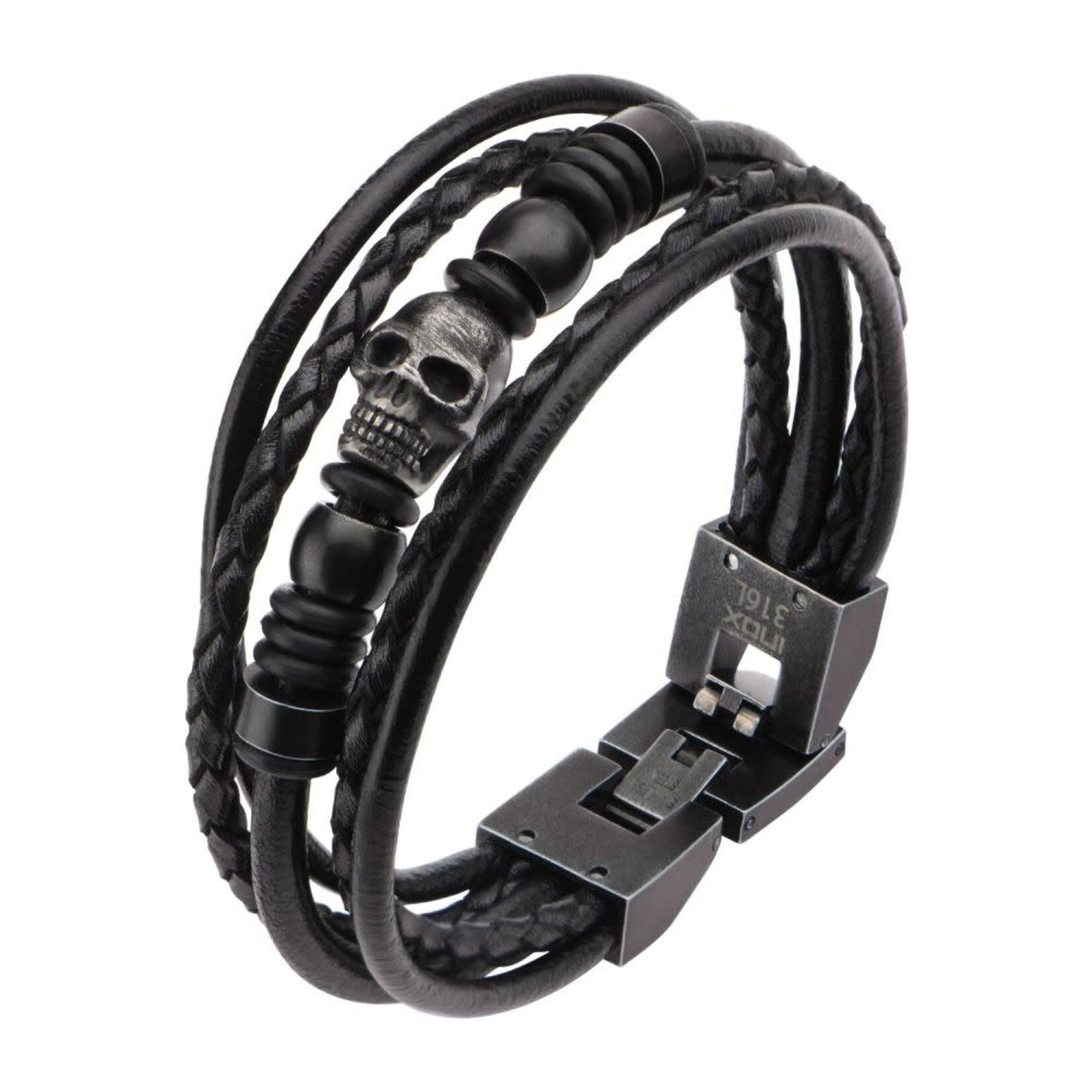 Inox Multi Black Leather & Black Skull Beads Bracelet 8.5"