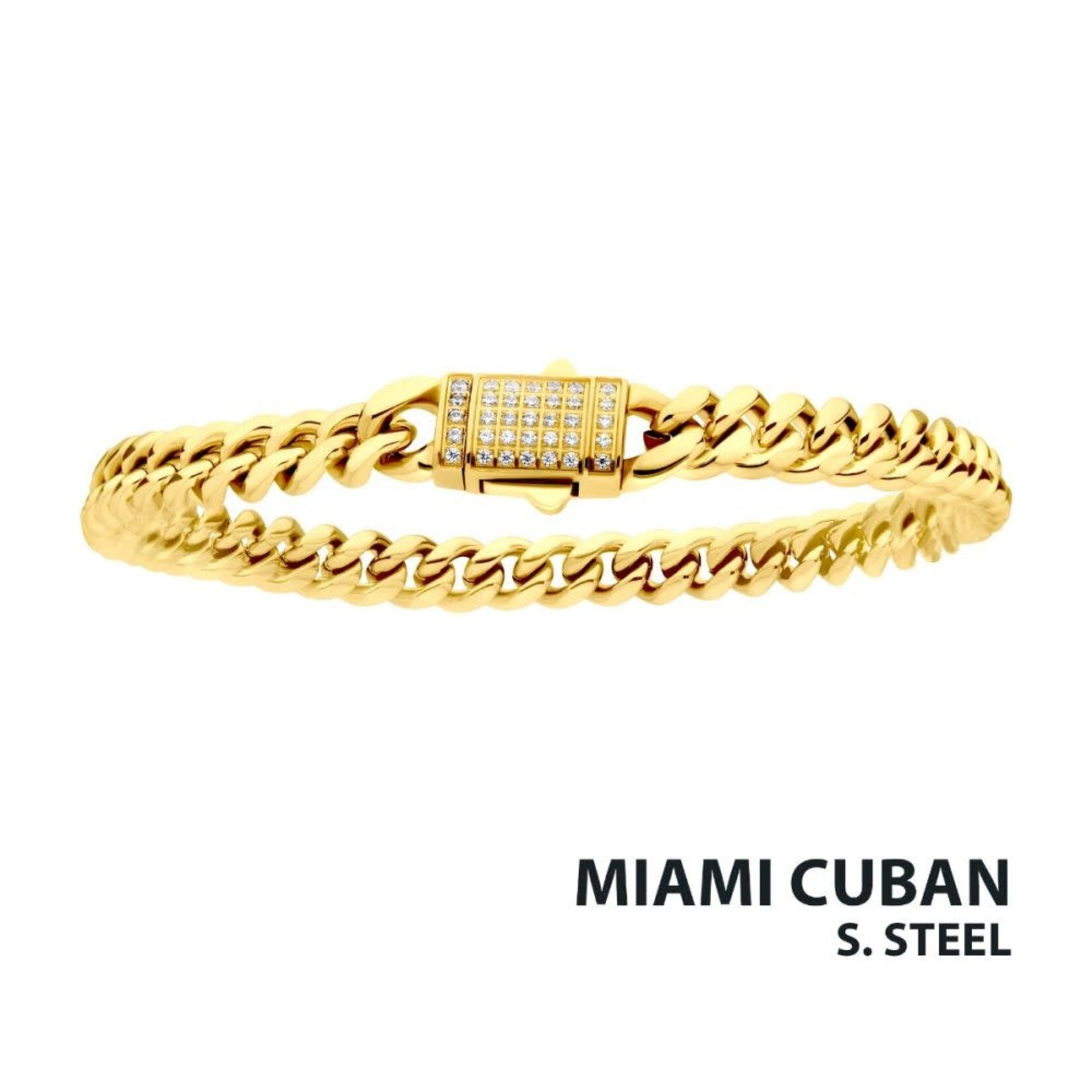 Inox 6mm 18Kt Gold IP Miami Cuban Chain Bracelet with CNC Precision Set CZ Double Tab Box Clasp 8"