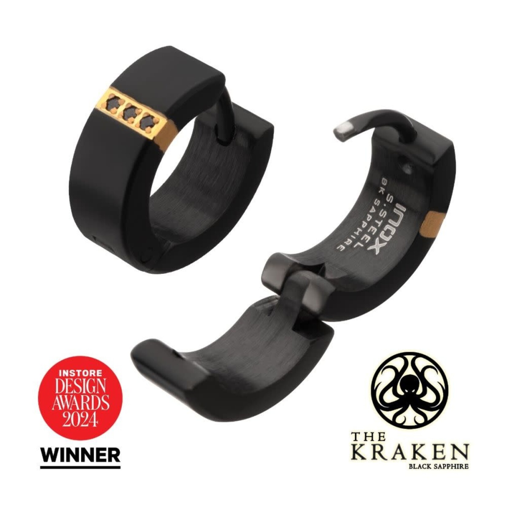 Inox Black IP Steel Matte Finish Kraken Huggie Earrings with 1mm Geniune Black Sapphire Gem