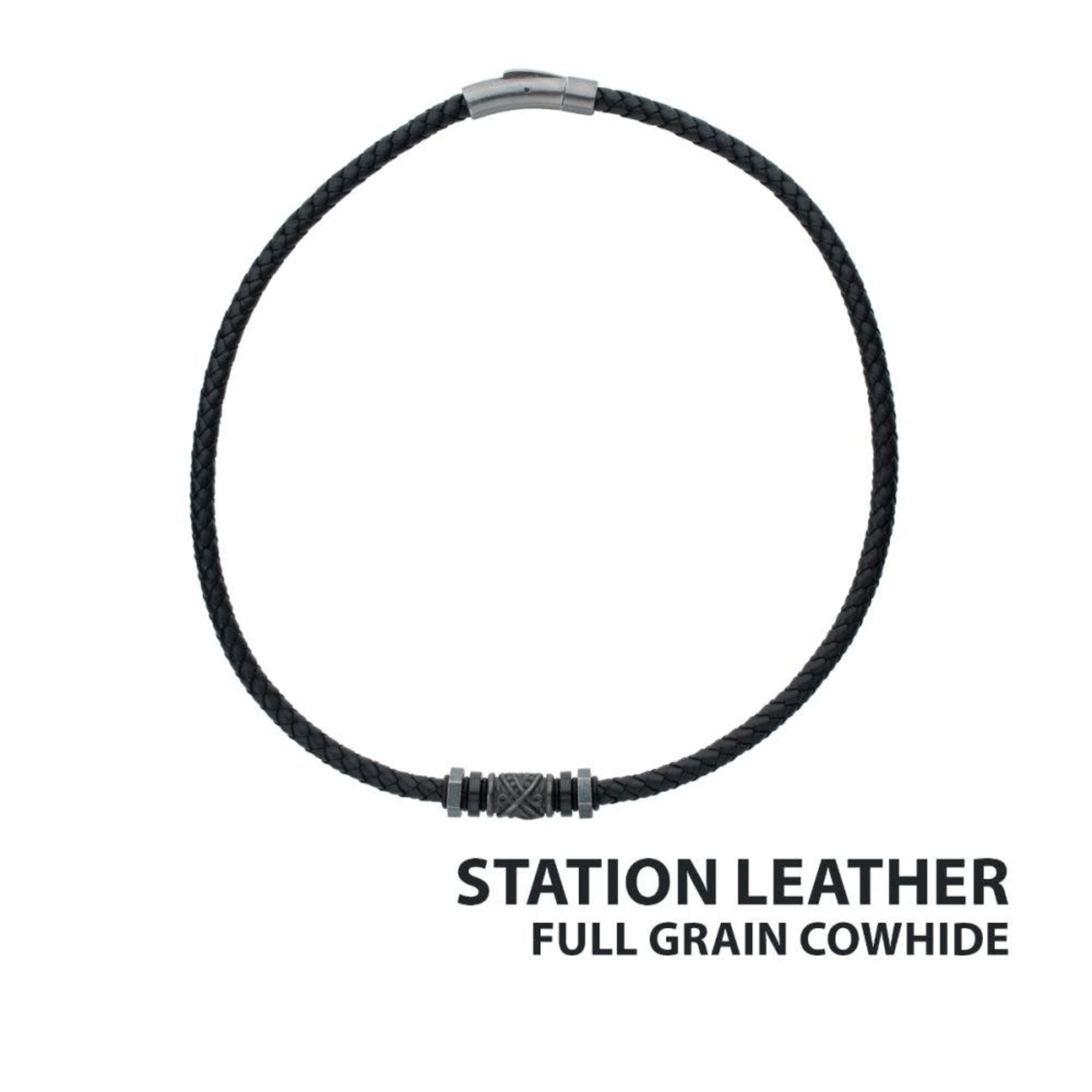 Inox Black Full Grain Cowhide Leather Braided Necklace with Gun Metal Beads 19.5"