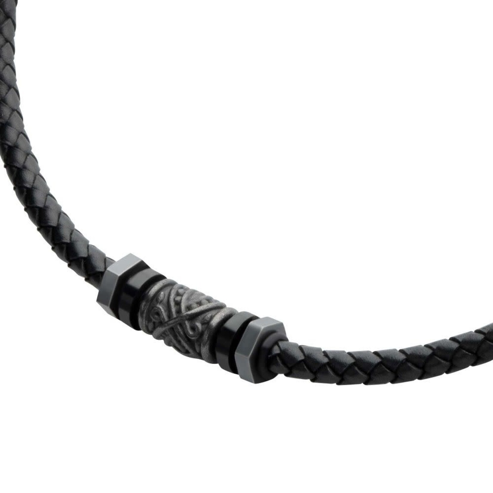 Inox Black Full Grain Cowhide Leather Braided Necklace with Gun Metal Beads 19.5"