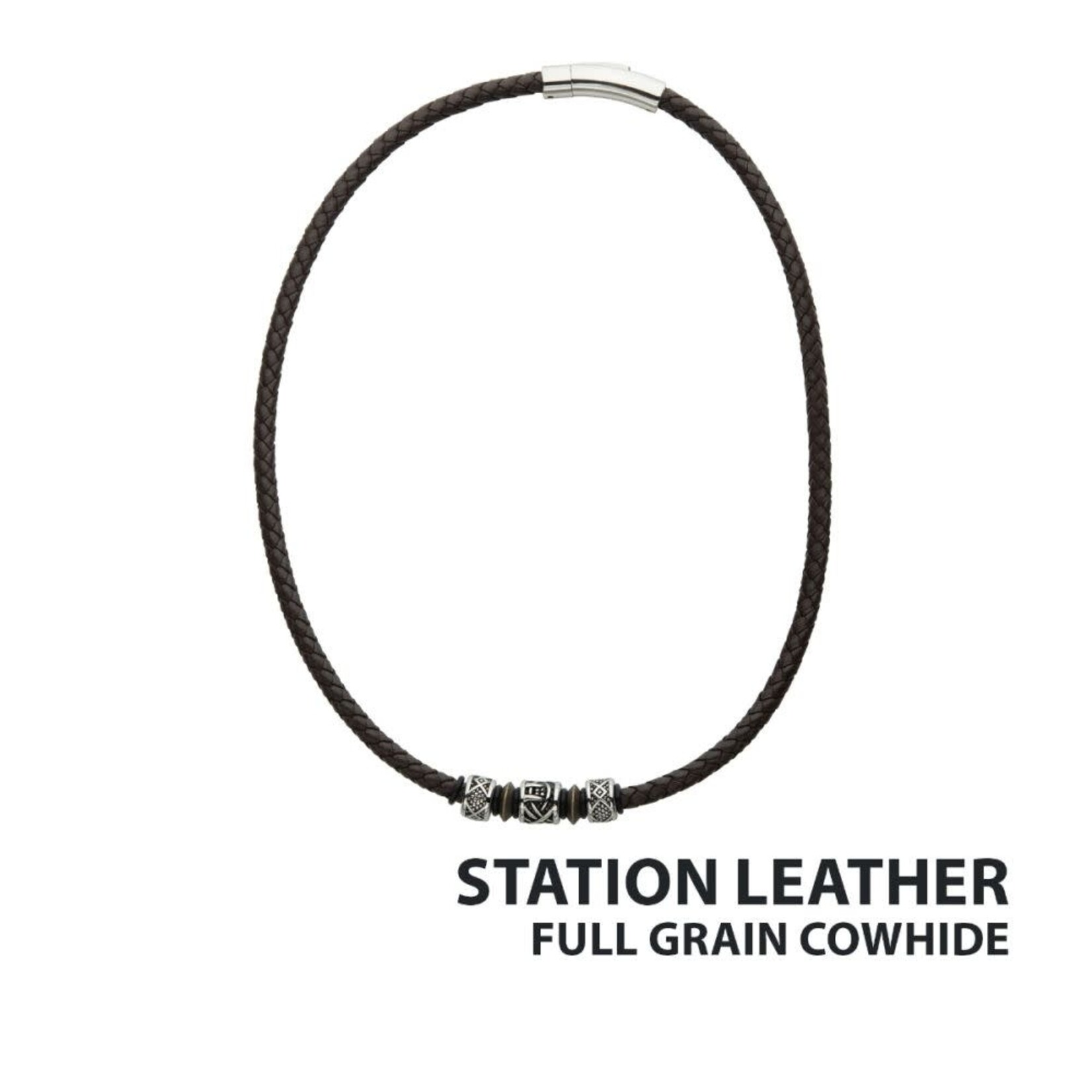 Inox Brown Full Grain Cowhide Leather Braided Necklace with Antiqued Finish Beads 19.5"