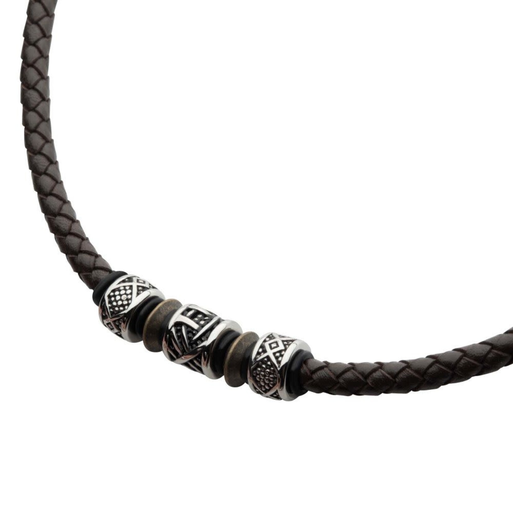 Inox Brown Full Grain Cowhide Leather Braided Necklace with Antiqued Finish Beads 19.5"