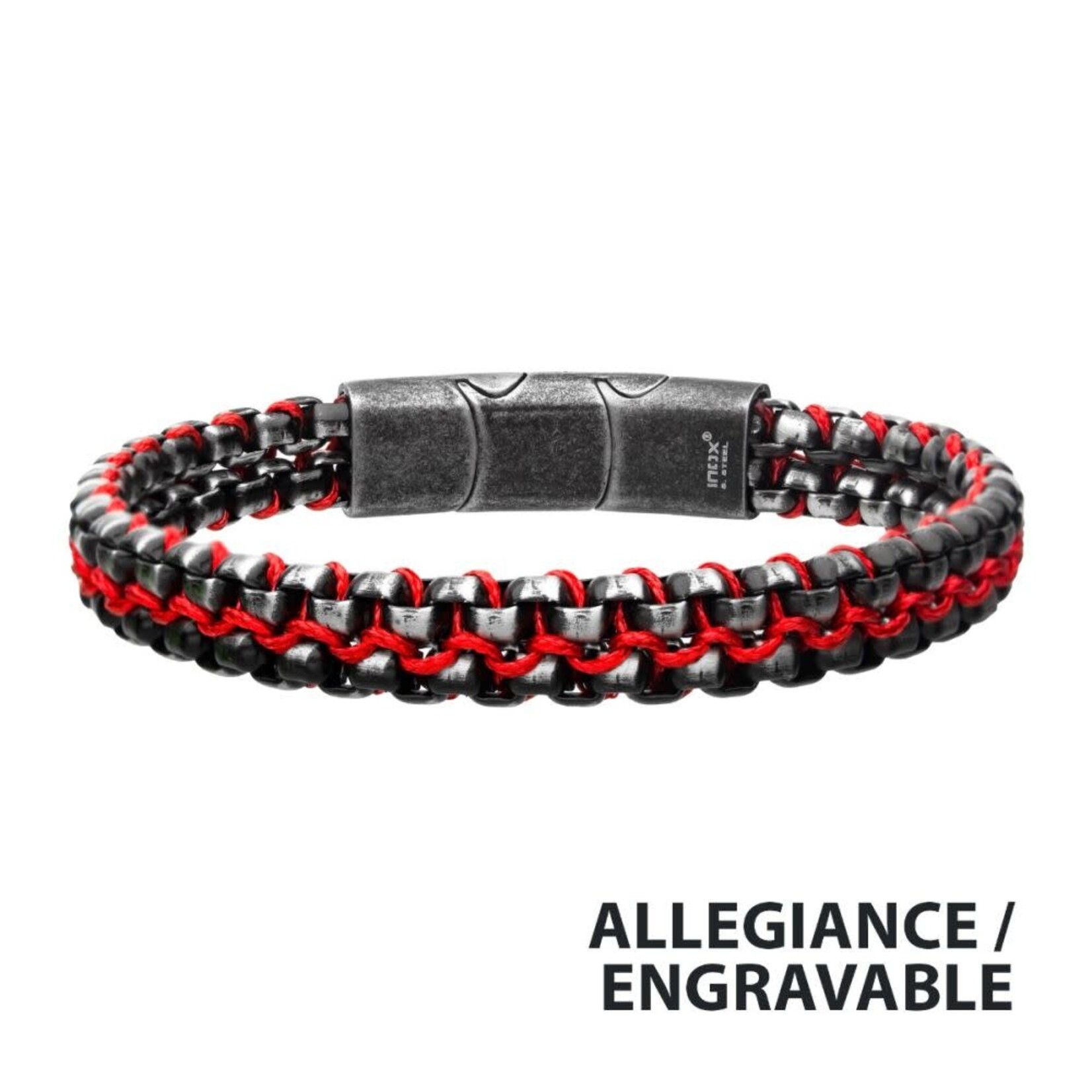 Inox Allegiance Stainless Steel w/ Red Wax Cord binding 2 Antique Brushed Box Links Bracelet 7.75"-8.25"
