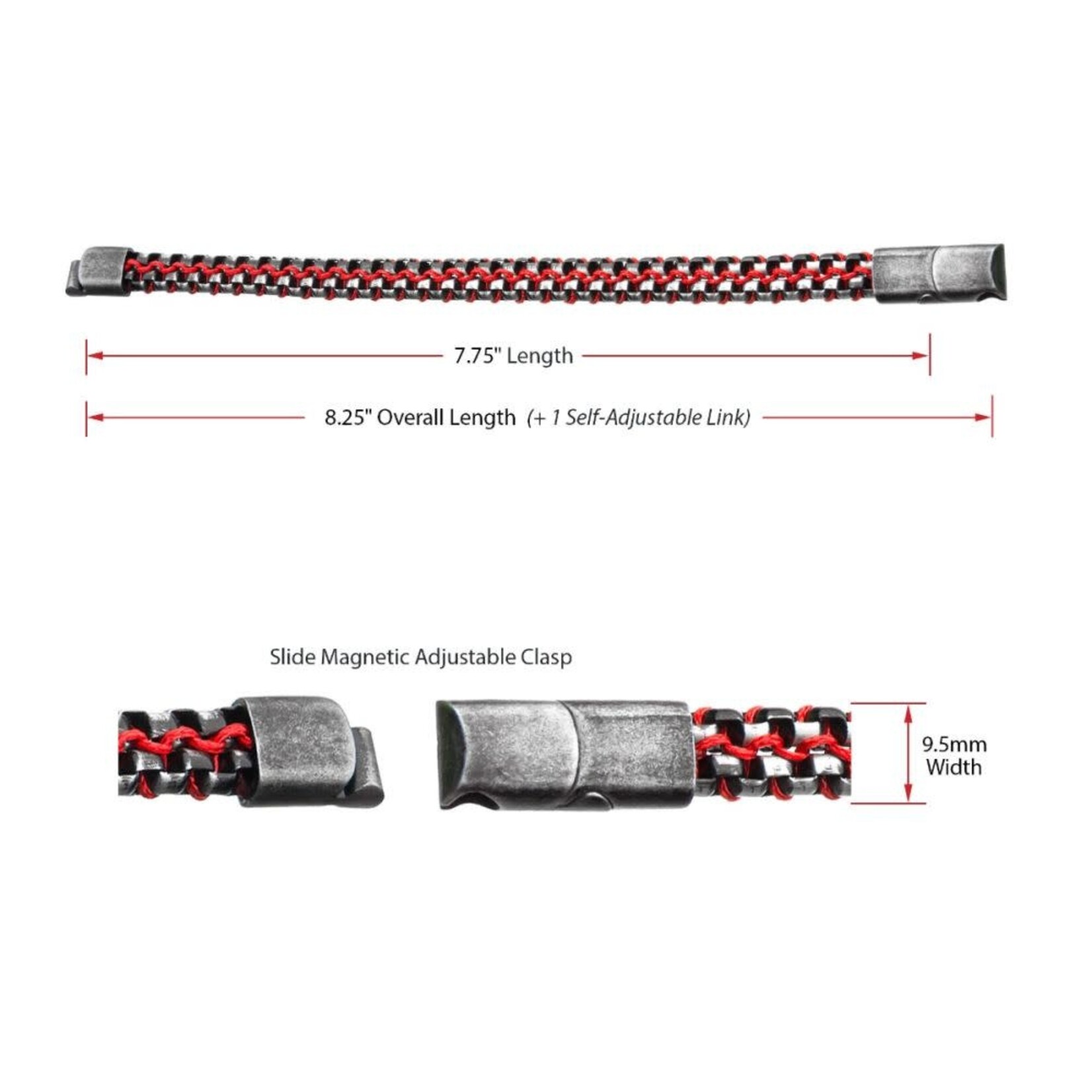 Inox Allegiance Stainless Steel w/ Red Wax Cord binding 2 Antique Brushed Box Links Bracelet 7.75"-8.25"