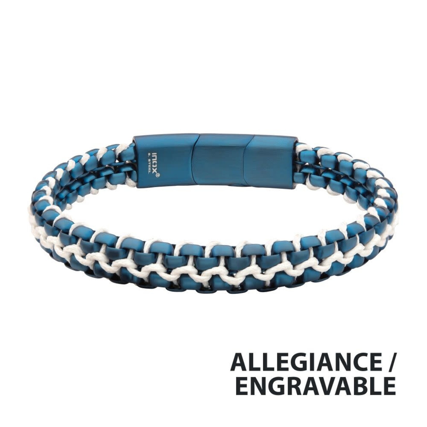 Inox Matte Finish Blue IP Stainless Steel Box Chain with White Wax Cord Bracelet 7.75"-8.25"