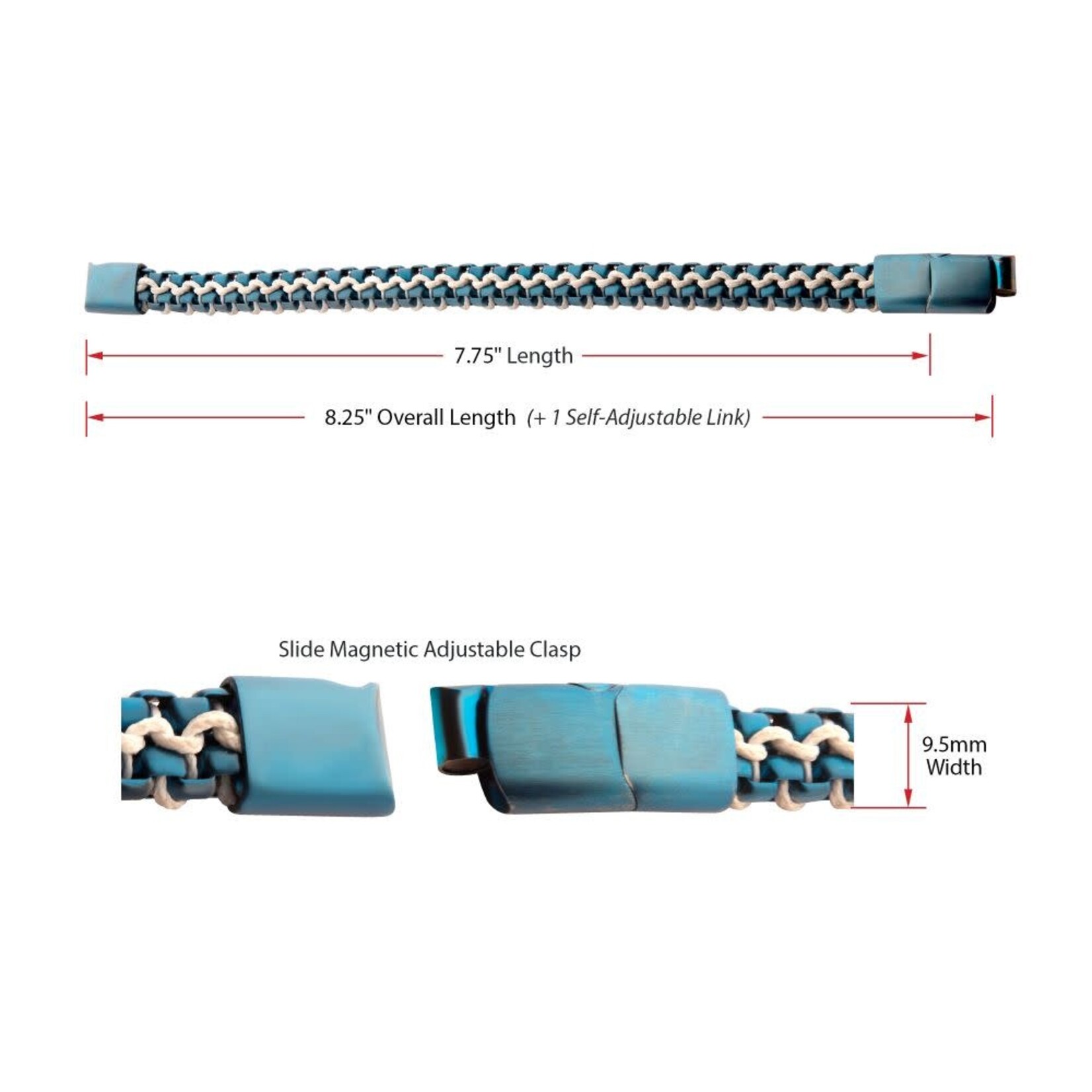 Inox Matte Finish Blue IP Stainless Steel Box Chain with White Wax Cord Bracelet 7.75"-8.25"