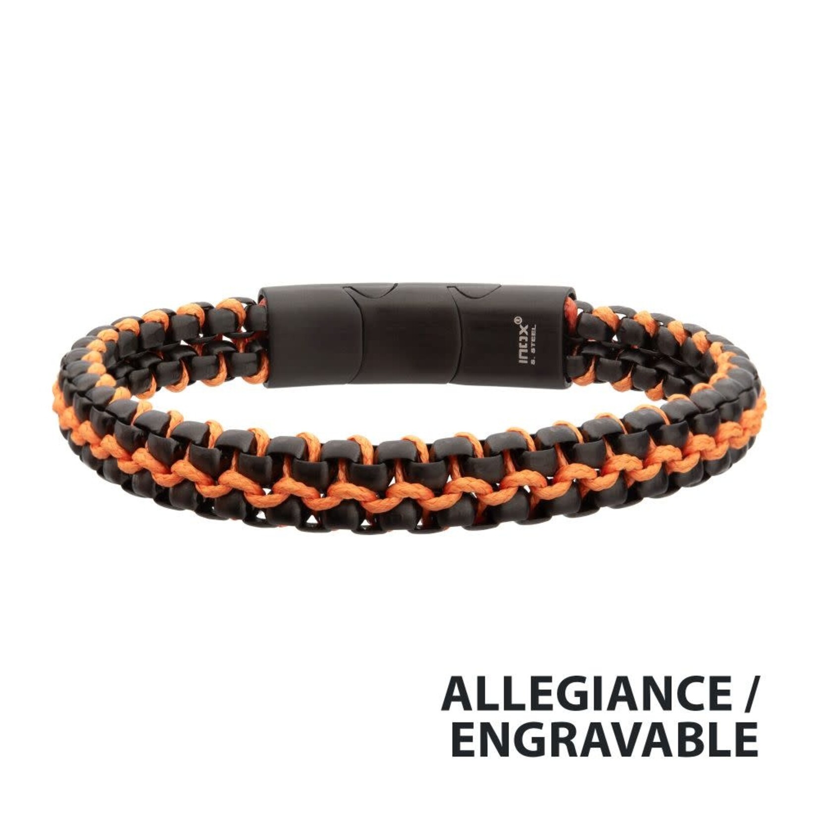 Inox Matte Finish Black IP Stainless Steel Box Chain with Orange Wax Cord Bracelet 7.75"-8.25"