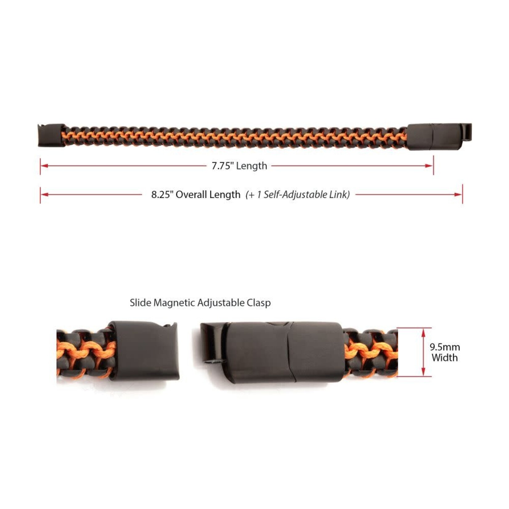 Inox Matte Finish Black IP Stainless Steel Box Chain with Orange Wax Cord Bracelet 7.75"-8.25"