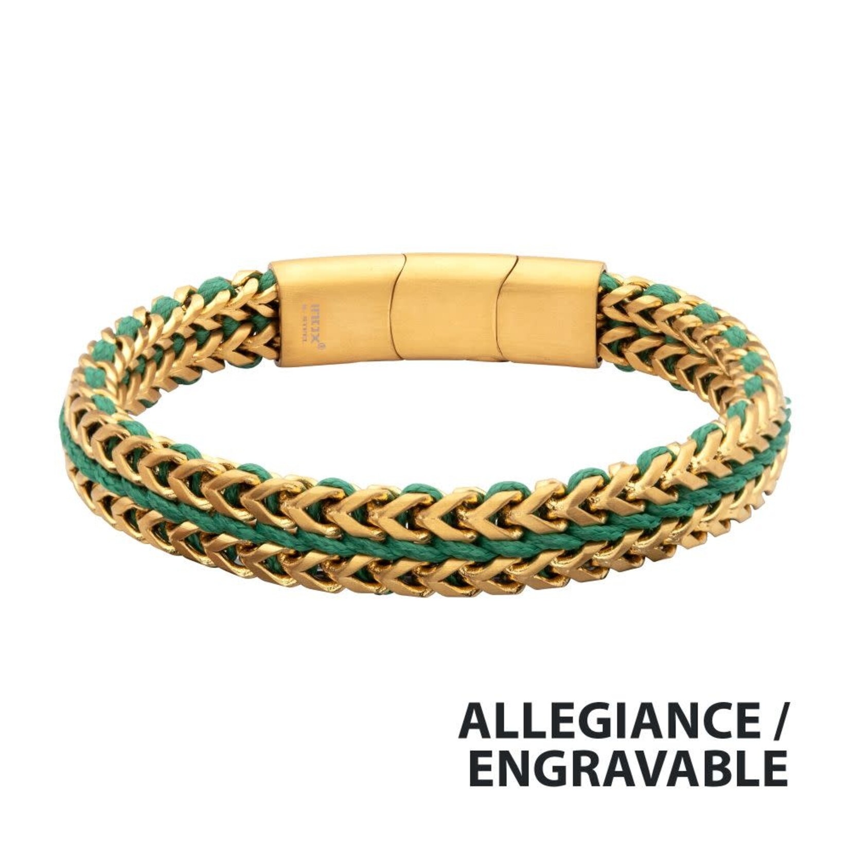 Inox Matte Finish Gold IP Stainless Steel Foxtail Chain with Richer Green Wax Cord Bracelet 7.75"-8.25"