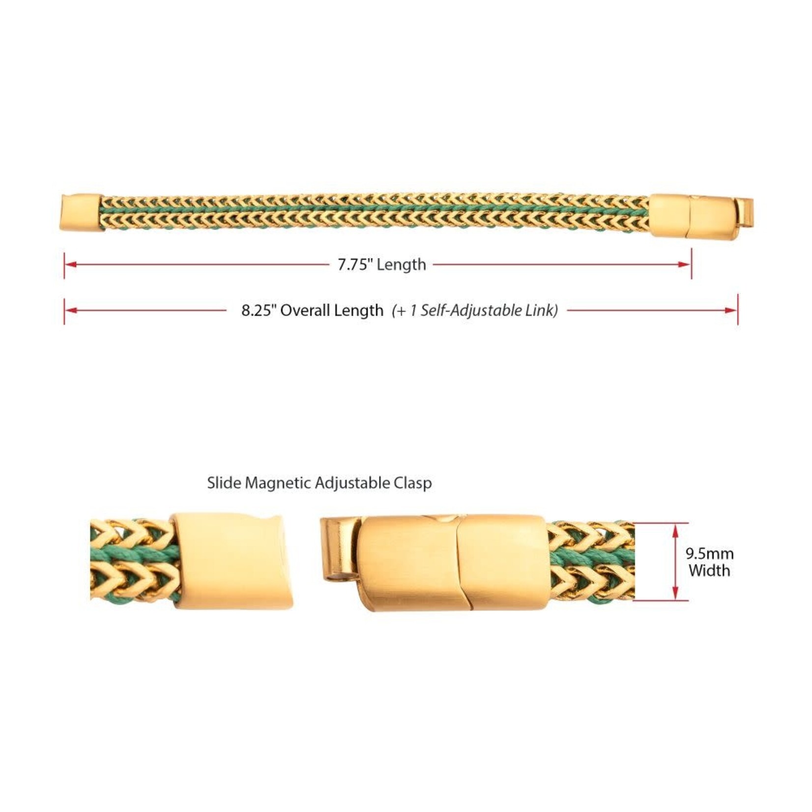 Inox Matte Finish Gold IP Stainless Steel Foxtail Chain with Richer Green Wax Cord Bracelet 7.75"-8.25"