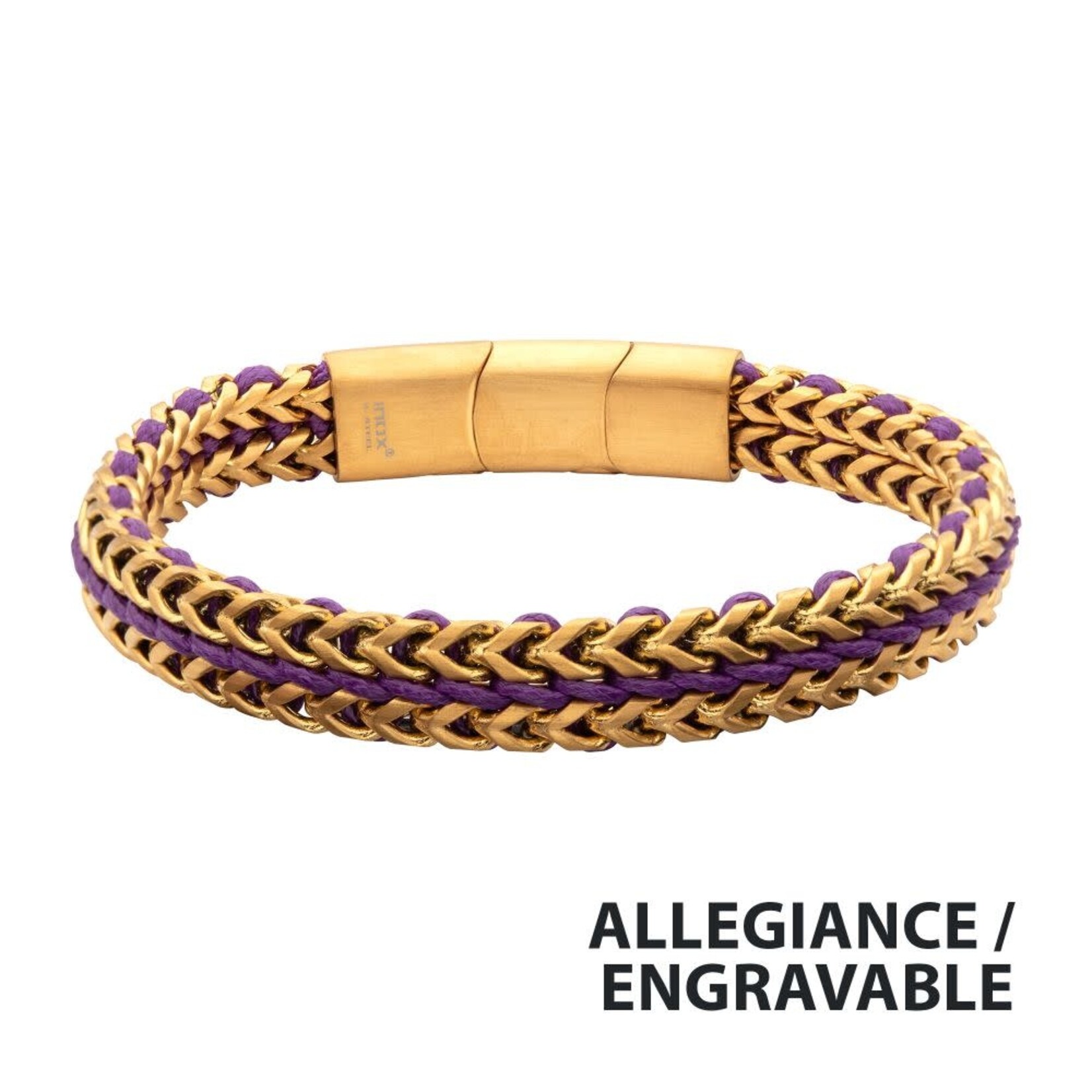 Inox Matte Finish Gold IP Stainless Steel Foxtail Chain with Purple Wax Cord Bracelet 7.75"-8.25"