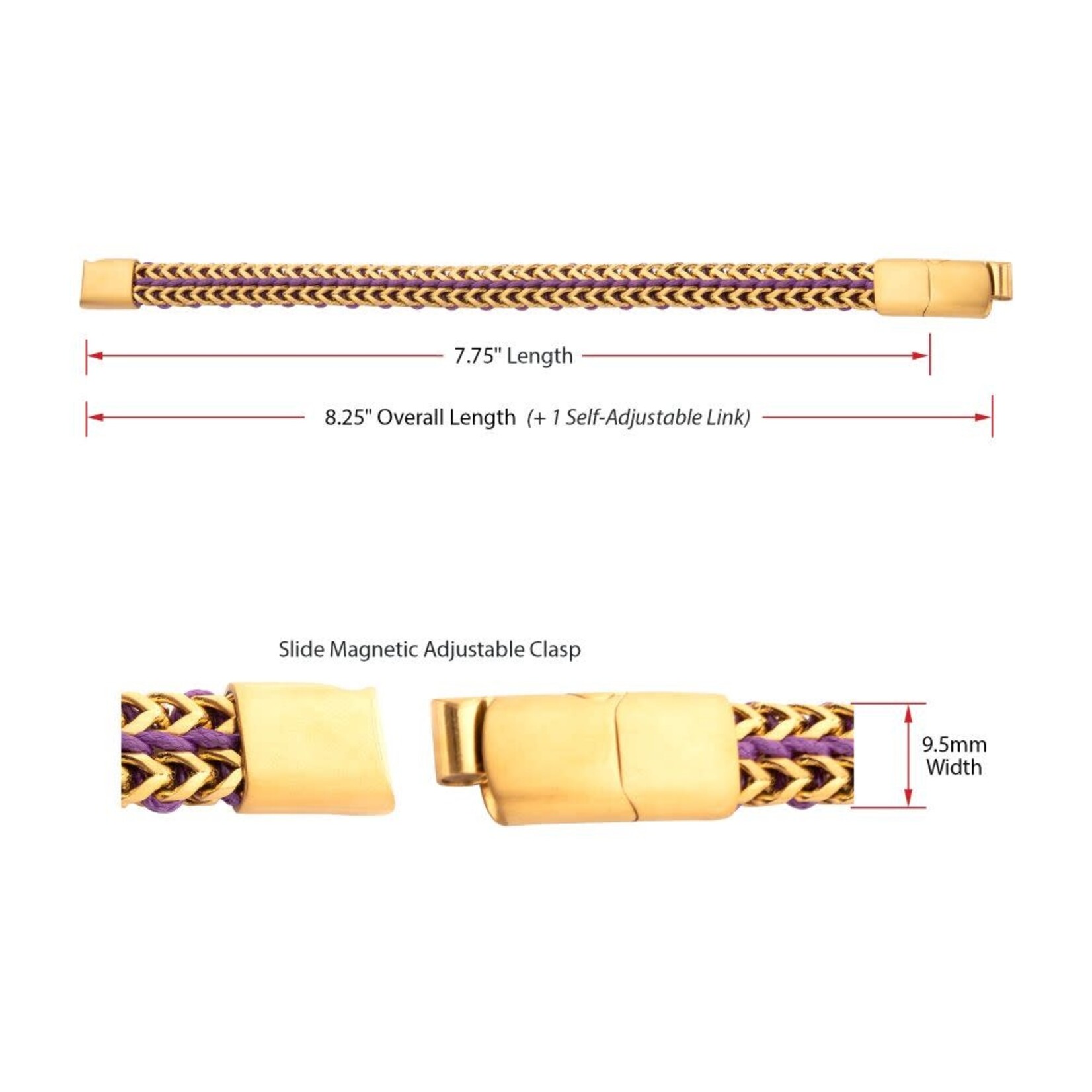 Inox Matte Finish Gold IP Stainless Steel Foxtail Chain with Purple Wax Cord Bracelet 7.75"-8.25"